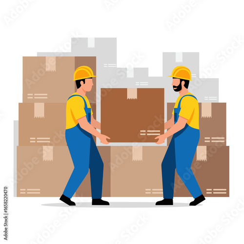Illustration of two porters working together to carry a cardboard box, symbolizing teamwork, logistics, and moving service.