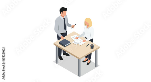 Isometric couple at desk reviewing documents on white backdrop
