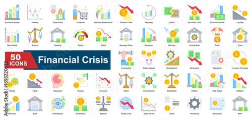 Financial Crisis icon set featuring icons for economic recession, inflation, bankruptcy, monetary policy, and stock market crash. Ideal for financial reports, economic warnings, and global crisis anal