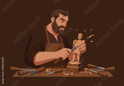 Artisan sculpting small figure with tools on wood table against dark brown background