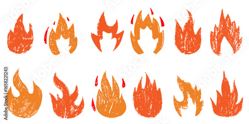 Flame fire crayon chalk doodle sketch vector illustration. Burning punk rock rough grunge elements collection isolated on white background. Stickers, print decoration.