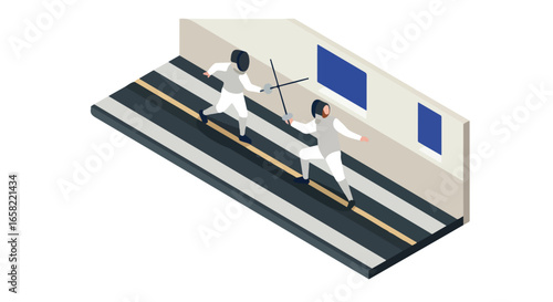 Fencers dueling in hall with windows viewed isometrically, can be used as illustration