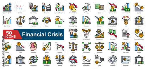 Financial Crisis icon set featuring icons for economic recession, inflation, bankruptcy, monetary policy, and stock market crash. Ideal for financial reports, economic warnings, and global crisis anal
