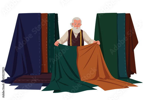 Fabric seller displays colorful cloth with piles in shop setting, for design mockups