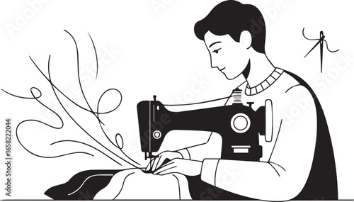 Black and white illustration of a person sewing with a vintage sewing machine