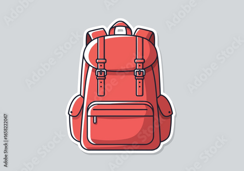 Red canvas backpack with leather straps and buckles, perfect for travel and school