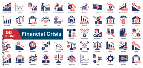Financial Crisis icon set featuring icons for economic recession, inflation, bankruptcy, monetary policy, and stock market crash. Ideal for financial reports, economic warnings, and global crisis anal