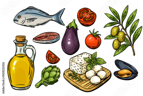 Full color Mediterranean sketch food set with fish and cheese
