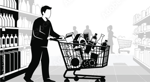 Black and white vector illustration of a man shopping in a supermarket