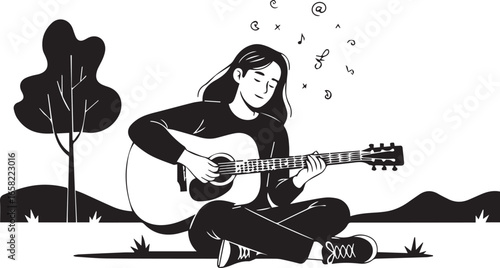 Black and white illustration of a woman playing acoustic guitar outdoors