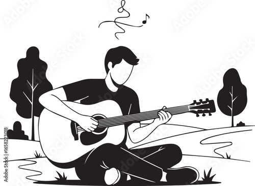 Black and white illustration of man playing acoustic guitar outdoors