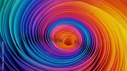colorful paper, transitioning from teal to blue, purple, pink, orange, and yellow, Abstract swirl in vibrant rainbow colors, A swirling vortex of layered