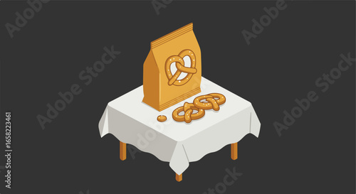 Bag of baked pretzels on table with tablecloth against plain backdrop, for food ad