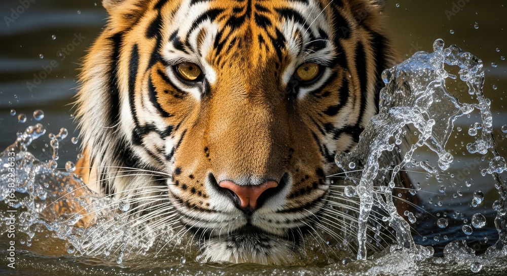 Fototapeta premium Majestic Tiger Emerging from Water with Splashing Droplets