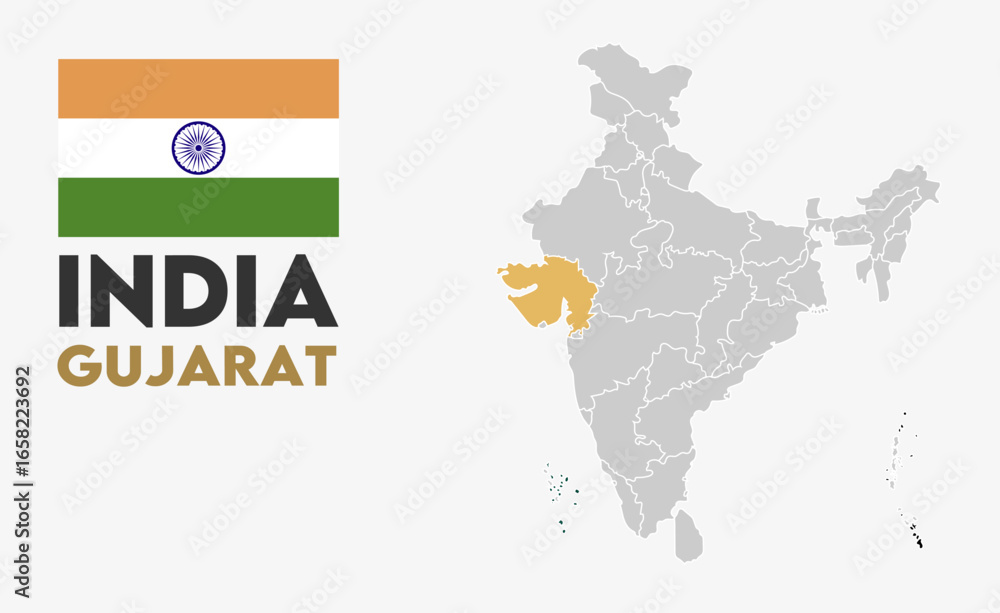 Obraz premium Gujarat political map, Indian states, suitable for education, business, presentations, print, web use, and creative geographic projects. Indian union territory.
