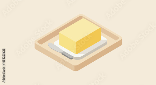 Cube of butter sitting on a tray with a knife, isometric background for presentation