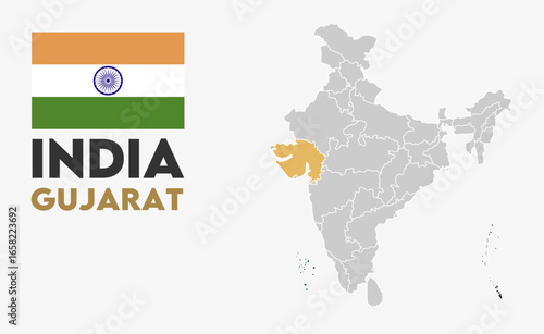 Gujarat political map, Indian states, suitable for education, business, presentations, print, web use, and creative geographic projects. Indian union territory.