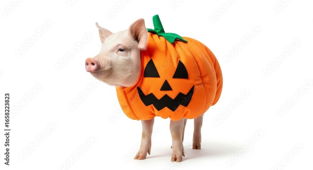 Fototapeta premium pig dressed as a pumpkin jack-o-lantern Halloween costume, celebration