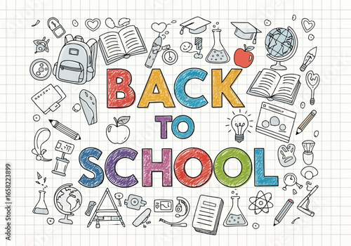 Colorful back to school doodle art with educational icons and supplies on a grid paper background