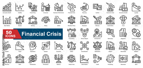 Financial Crisis icon set featuring icons for economic recession, inflation, bankruptcy, monetary policy, and stock market crash. Ideal for financial reports, economic warnings, and global crisis anal