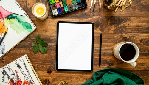 Top view of a digital tablet with blank white screen on a wooden desk decorated with plants and coffee.