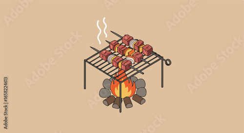Skewers grilling over a fire on a light background for culinary projects