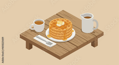 Isometric Breakfast waffles, coffee, maple syrup, on small table, tan background for blog