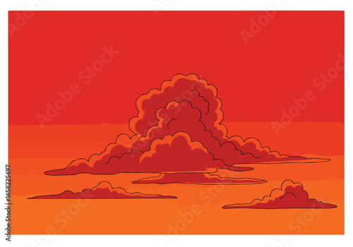 Fiery clouds rising, sky ablaze in cartoon desert scene, symbolizing destruction