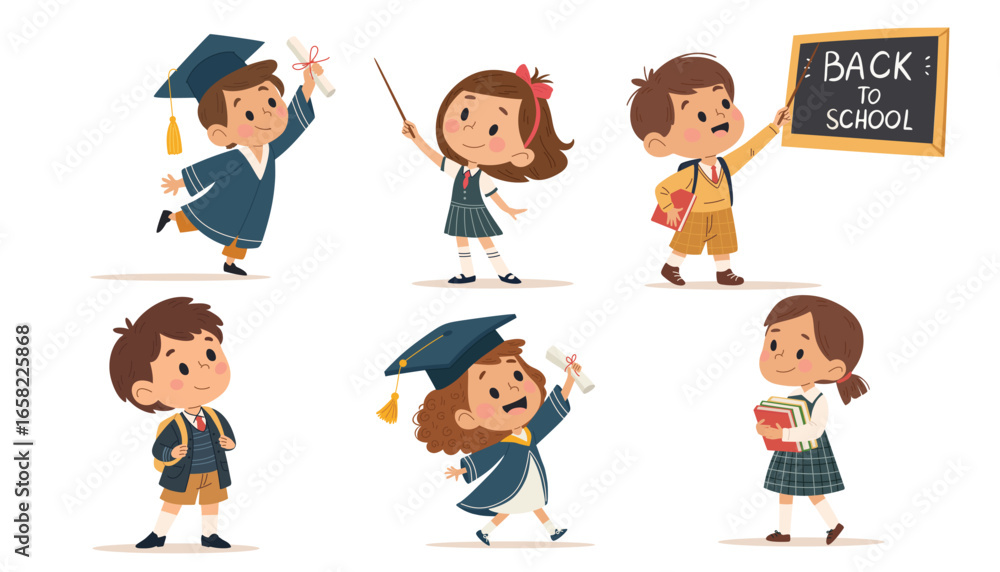 Cute students in school uniforms and graduation caps and gowns. A set of vector illustrations in a childlike style. Cute students in school uniforms and graduation caps and gowns. A set of vector illustrations in a childlike style.