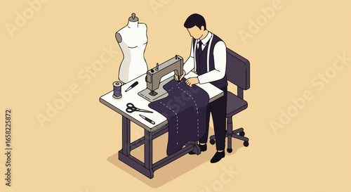 Isometric view of a sewer working at a sewing machine, dress stand is behind