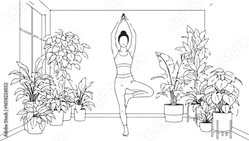 Black and white line art illustration of woman doing yoga in a plant filled room