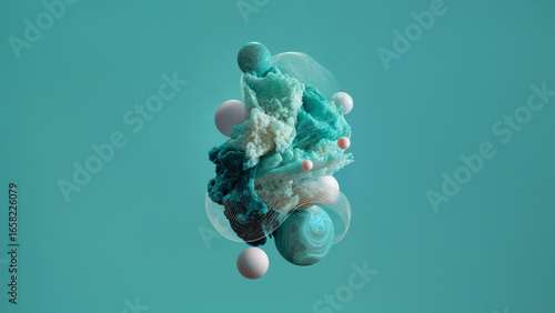 Captivating abstract composition featuring vibrant teal textures and floating spheres. Ideal for modern design, digital art, and creative projects that require a unique touch.
