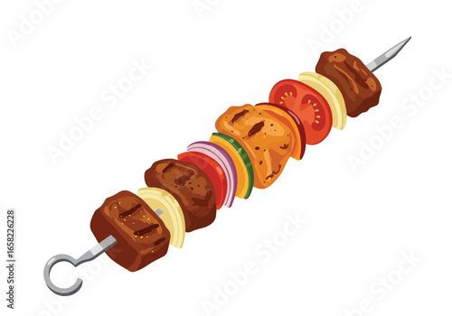 Meat and vegetable kabob on a skewer, isolated on white, for restaurant ads