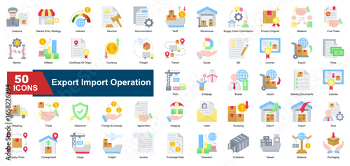 A collection of line style Export Import Operation icons. Includes customs, market entry, tariffs, documentation, export, import, shipping, and more. Perfect for presentations, reports.