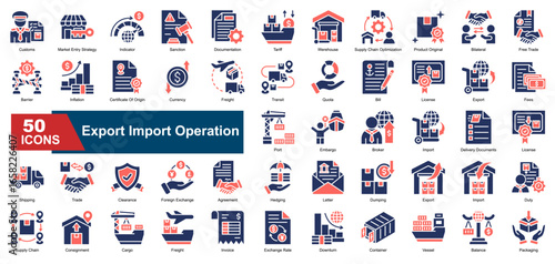 A collection of line style Export Import Operation icons. Includes customs, market entry, tariffs, documentation, export, import, shipping, and more. Perfect for presentations, reports.