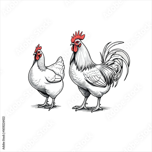 Vector art of two chickens, a rooster and a hen, standing side by side