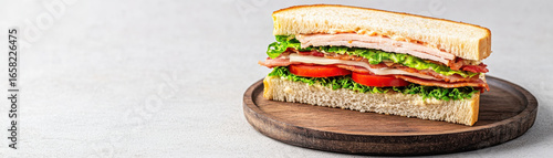 Close up of classic club sandwich layered with turkey, bacon, lettuce, tomato, and mayonnaise on white bread served on wooden plate