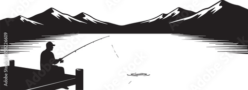 Black and white illustration of a man fishing by a lake in the mountains