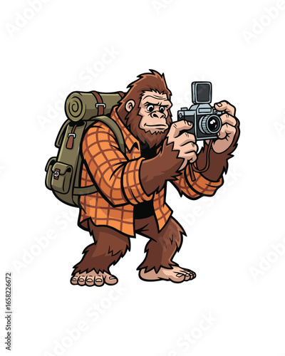 Cartoon Bigfoot Sasquatch holding vintage camera and wearing a hiking backpack.