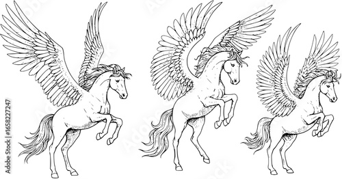 Majestic Pegasus with Flowing Mane and Detailed Wing Feathers in Dynamic Pose.
