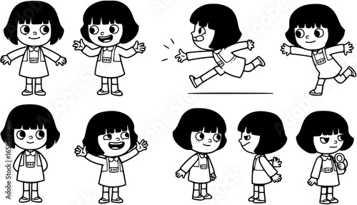 Stylized Girl Icon with Bob Haircut and Buttoned Dress in Black and White.
