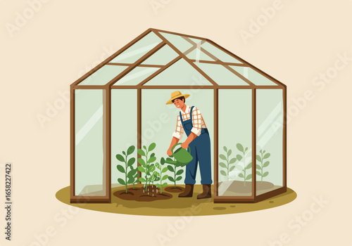 Man waters plants in greenhouse, plant growing background. Growing produce