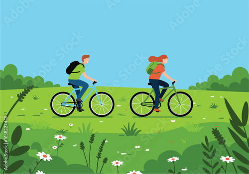 Couple cycling with backpacks in flowery field, hills in background for recreation uses