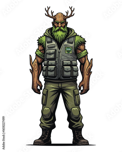Powerful Forest Guardian with Wooden Antlers and Protective Gear.