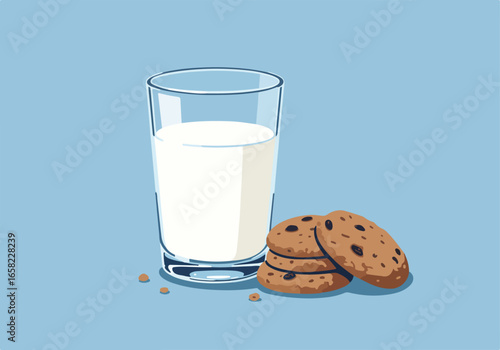Glass of milk and cookies on a plain surface, representing a classic treat
