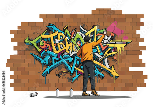 Artist Spraying Colorful Graffiti Art on a Brick Wall with Paint Cans at Street Level