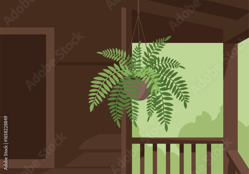 Fern hangs on porch, looking out on background nature. Use for decor concepts