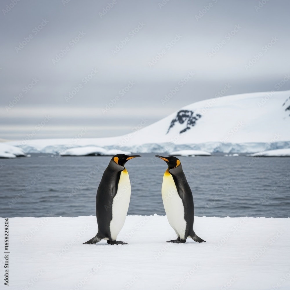 Fototapeta premium Pair of regal king penguins on icy landscape with snowy backdrop, Antarctic scene