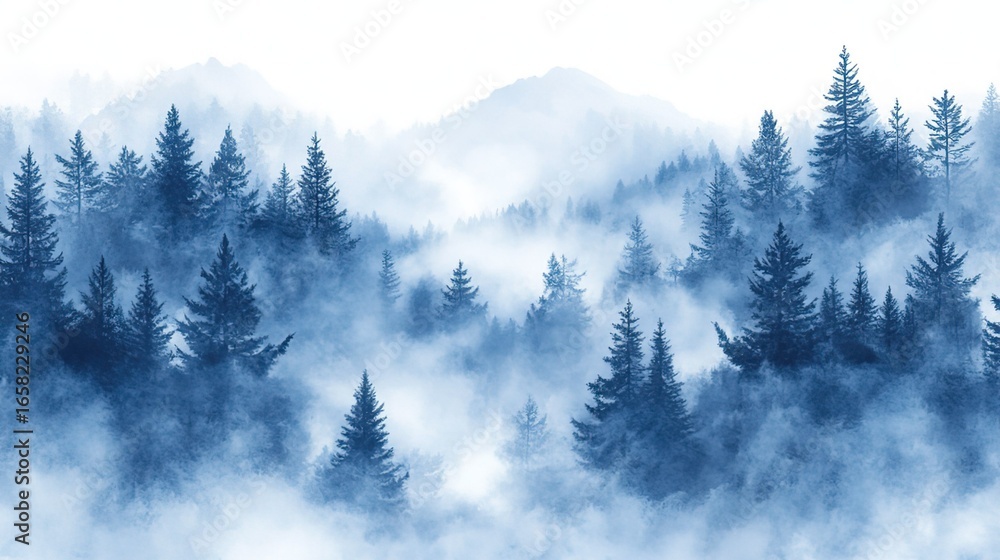 Fototapeta premium Misty Pine Forest Landscape with Mountains in Background 