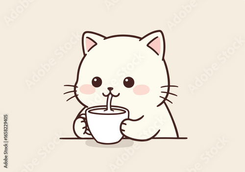 Cartoon cat sipping drink from cup on surface against solid background